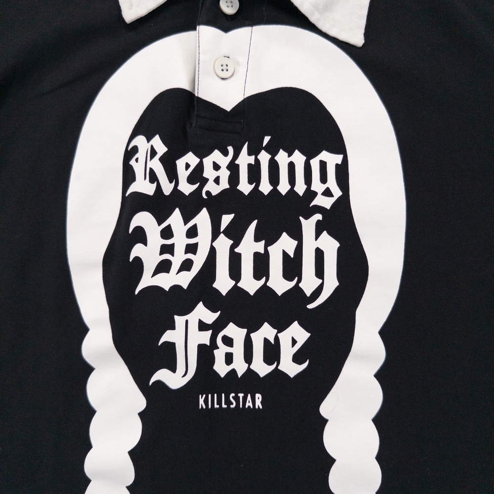 Killstar Womens Polo Shirt Size Medium Black White Resting Witch Face Goth * - Picture 2 of 9